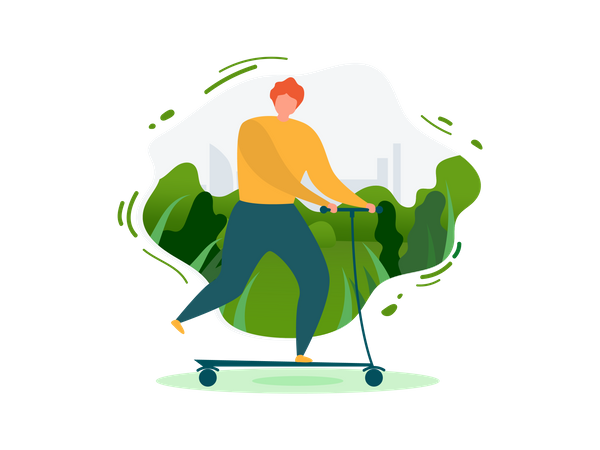 Man doing Outdoor Activities with Eco Transport Use of kick scooter  Illustration