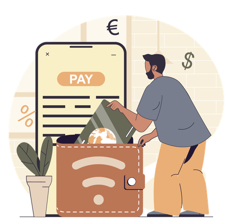 Man doing payment using online wallet  Illustration