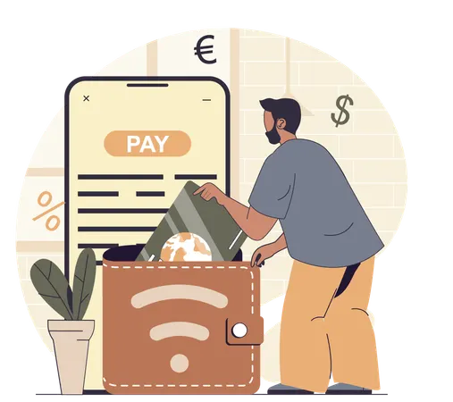 Man doing payment using online wallet  Illustration