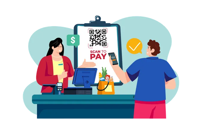 Man doing payment with QR scanner Illustration