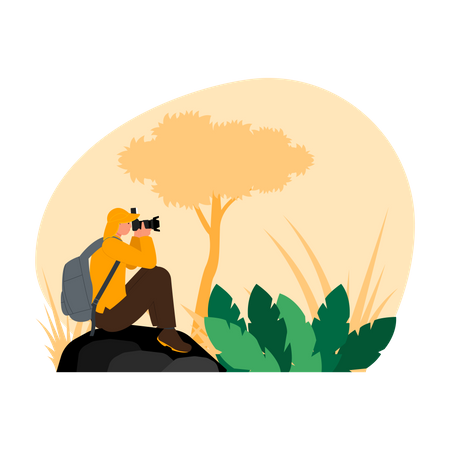 Man doing photography in jungle Illustration