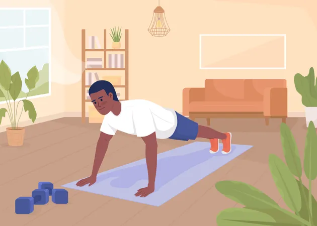 Man Doing Push Ups Flat Color Vector Illustration Regular Exercising At Home Active Lifestyle And Healthcare Fully Editable 2 D Simple Cartoon Character With Living Room On Background Illustration