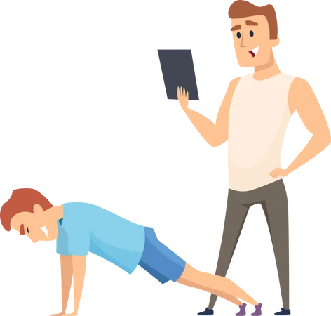 Man doing pushups with gym trainer Illustration