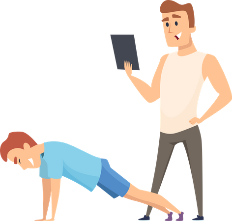 Man doing pushups with gym trainer  Illustration