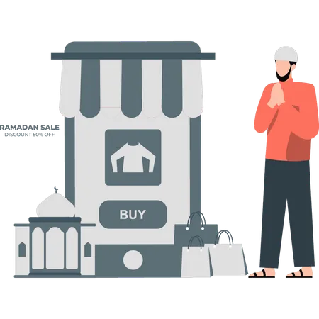 Man doing ramadan shopping using mobile  イラスト