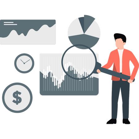 주식 시장 분석을 연구하는 남자  일러스트레이션