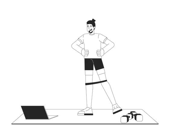 Man doing resistance band exercise on yoga mat with dumbbells and laptop  Illustration