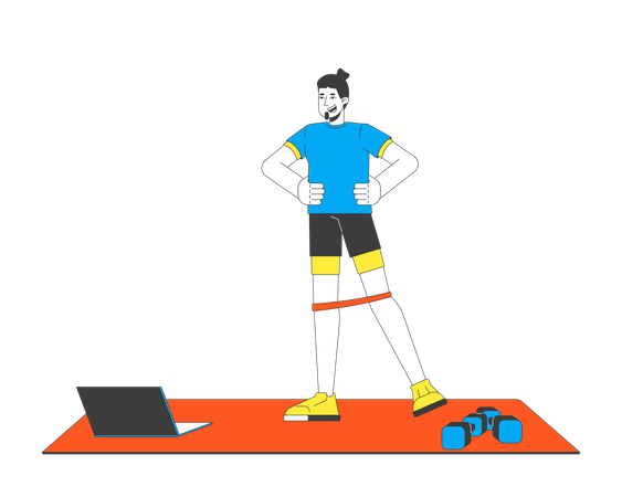 Man doing resistance band exercise on yoga mat with dumbbells and laptop  Illustration