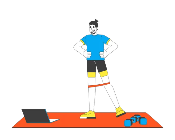 Man doing resistance band exercise on yoga mat with dumbbells and laptop  Illustration