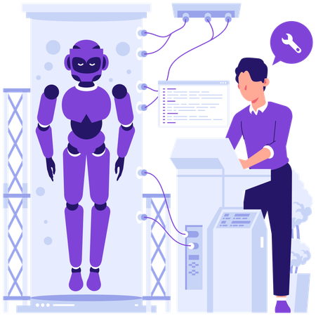 ロボットのメンテナンスをしている男性  イラスト