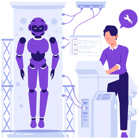 ロボットのメンテナンスをしている男性  イラスト
