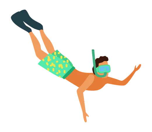 Man Snorkeling In Diving Mask Isolated Vector Male With Tube Going To Dive Underwater Floating Person In Shorts And Flippers Waving Hand Summer Activities Illustration