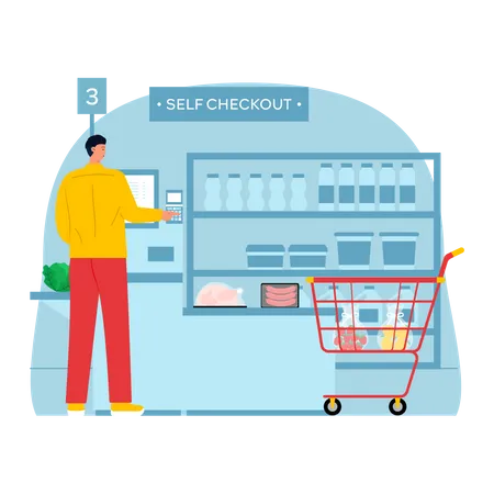 Man doing self checkout at supermarket  Illustration