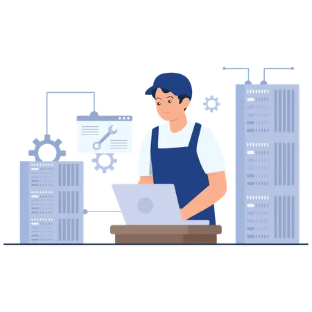 Man doing Server Maintenance Process  Illustration