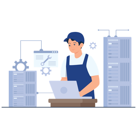 Man doing Server Maintenance Process  Illustration