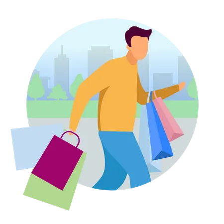 Man Doing Shopping Flat Concept Vector Icon Guy Hurry Up With Purchases Bags Sticker Clipart Shopaholic Customer Buyer Cartoon Character Isolated Illustration On White Background Illustration