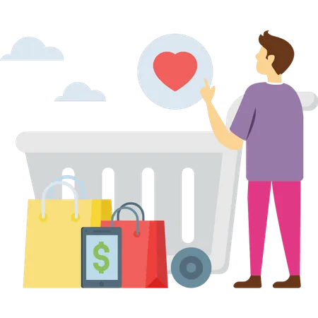 The Boy Is Standing By The Shopping Bags Illustration