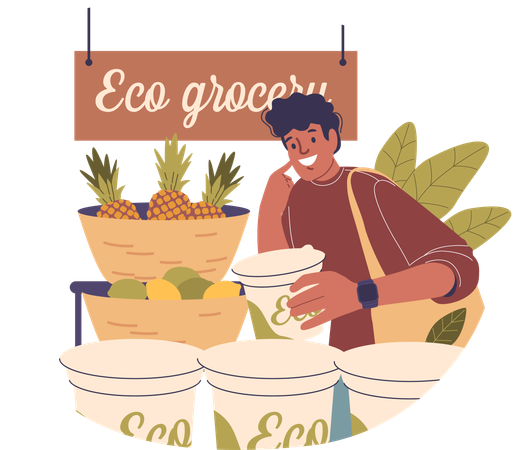 Man doing shopping at eco grocery store  Illustration