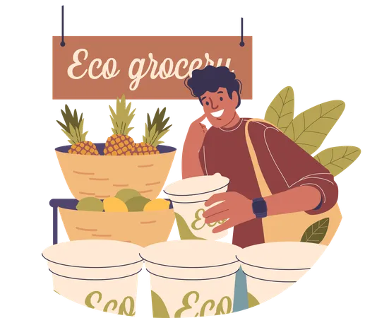 Man doing shopping at eco grocery store  Illustration