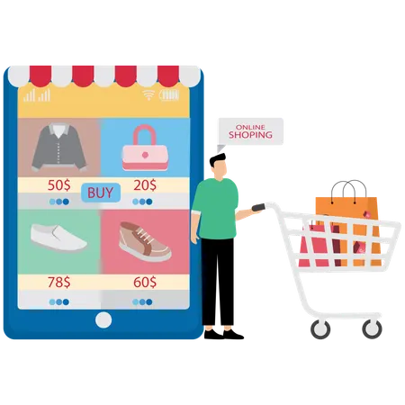 マーケットプレイスで買い物をする男性  イラスト