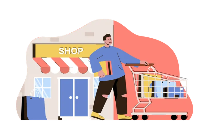 Shopping And Vacation Concept Man Shopping In The Store On Travel Situation Shopper Puts Purchases In Cart People Scene Vector Illustration With Flat Character Design For Website And Mobile Site 일러스트레이션