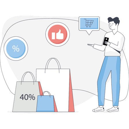 Man doing shopping on 40% discount  Illustration