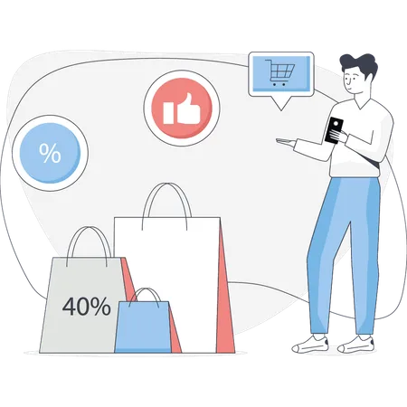 Man doing shopping on 40% discount  Illustration