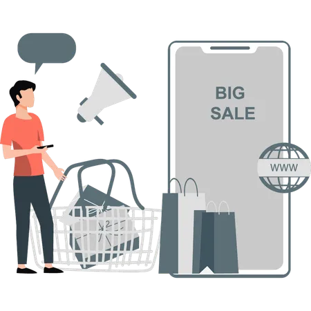 Man doing shopping on big sale  Illustration