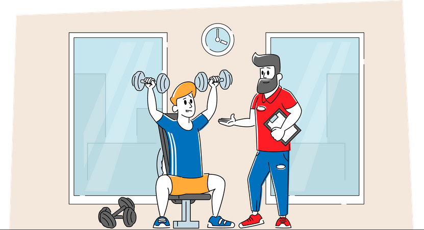 Man doing Shoulder Exercise in Gym with Coach Illustration