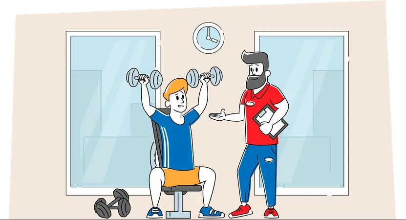 Man doing Shoulder Exercise in Gym with Coach  Illustration