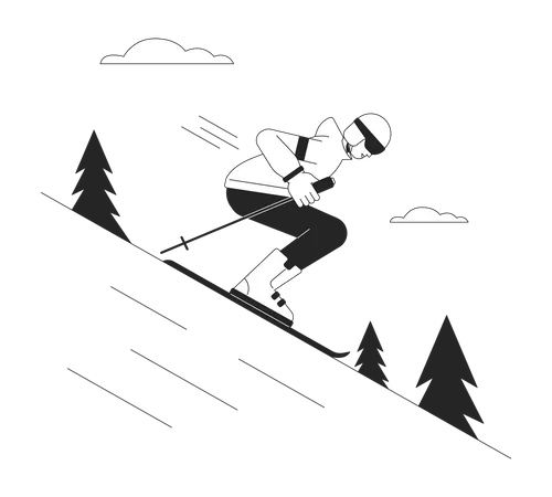 Skiing Downhill Bw Vector Spot Illustration Freeskier Holding Ski Sticks 2 D Cartoon Flat Line Monochromatic Character For Web UI Design Skiing Resort Editable Isolated Outline Hero Image イラスト