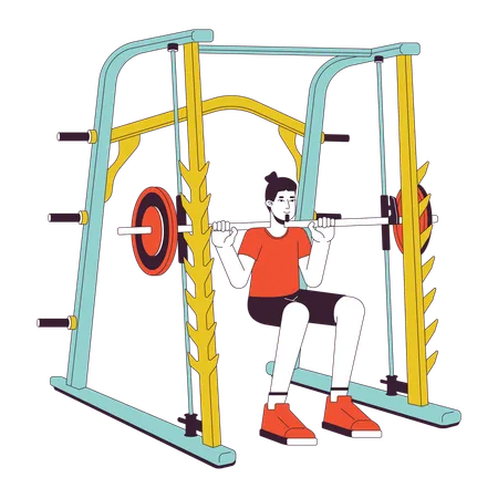 Man Doing Squats In Power Rack Flat Line Color Vector Character Editable Outline Full Body Person On White Gym Guy Heavyweight Movement Simple Cartoon Spot Illustration For Web Graphic Design Illustration