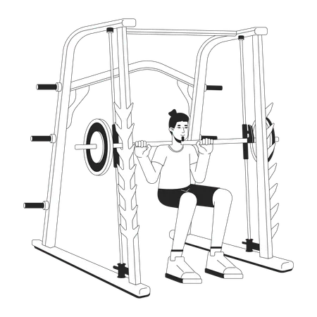 Man Doing Squats In Power Rack Flat Line Black White Vector Character Editable Outline Full Body Person Gym Guy Heavyweight Movement Simple Cartoon Isolated Spot Illustration For Web Design Illustration