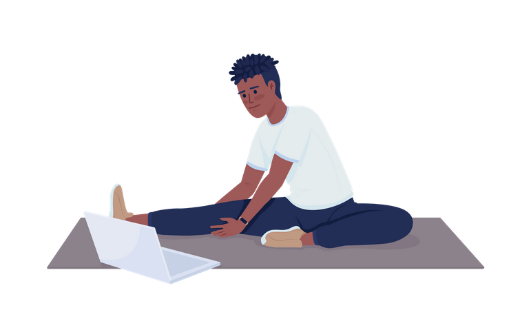 Man doing stretching exercises near laptop  Illustration