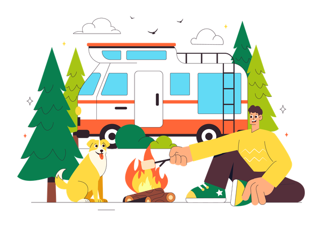 Man doing Summer Camping with bonfire  Illustration