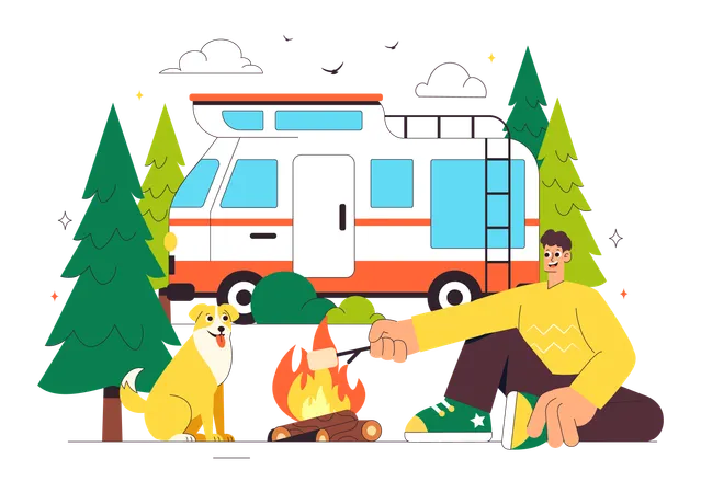Man doing Summer Camping with bonfire  Illustration