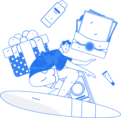 Man doing surfing while getting shopping reward gift  Illustration