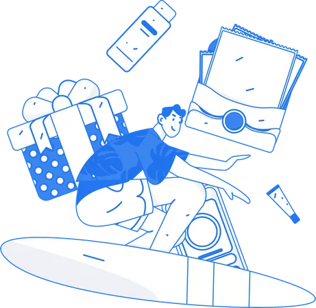 Man doing surfing while getting shopping reward gift  Illustration