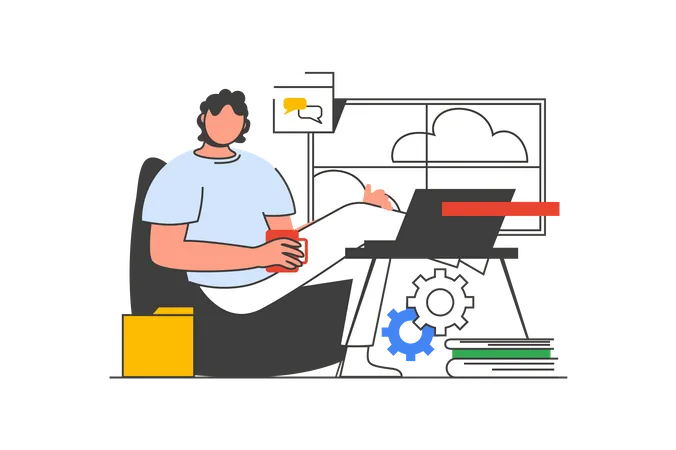 Freelance Work Outline Web Concept With Character Scene Man Doing Tasks At Laptop And Connecting Online People Situation In Flat Line Design Vector Illustration For Social Media Marketing Material Illustration