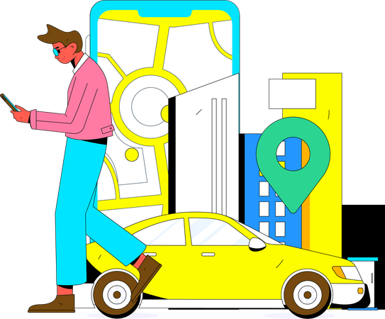 Man doing Taxi booking while using mobile  Illustration