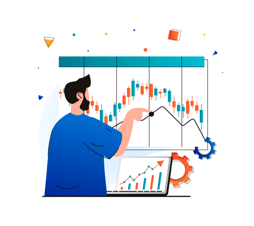 Man doing technical analysis on stock chart  Illustration