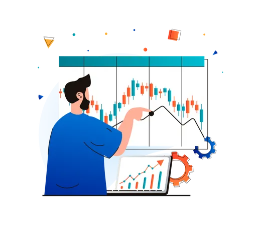 Man doing technical analysis on stock chart  Illustration