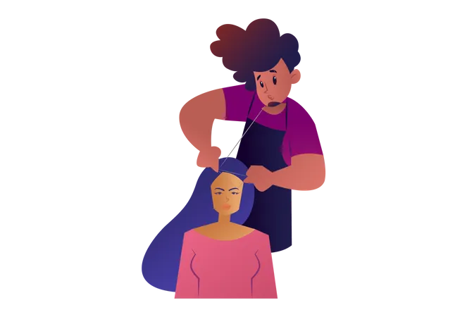 Man Doing Threading on Girl  Illustration