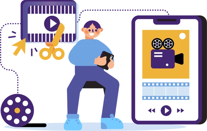 Illustration A Man Editing A Video With A Smartphone By Following The Advancement Of Technology A Man Can Edit A Video Anywhere This Illustration Is Ideal For Presentations Or Modern Technology Campaigns Illustration