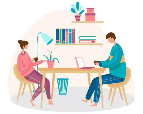 Illustration Of A Husband And Wife Sitting And Drinking Coffee And Chatting And Studying Information On Computers Illustration