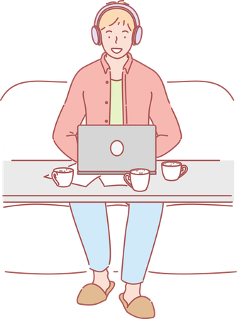 Man doing work on laptop at cafe  Illustration