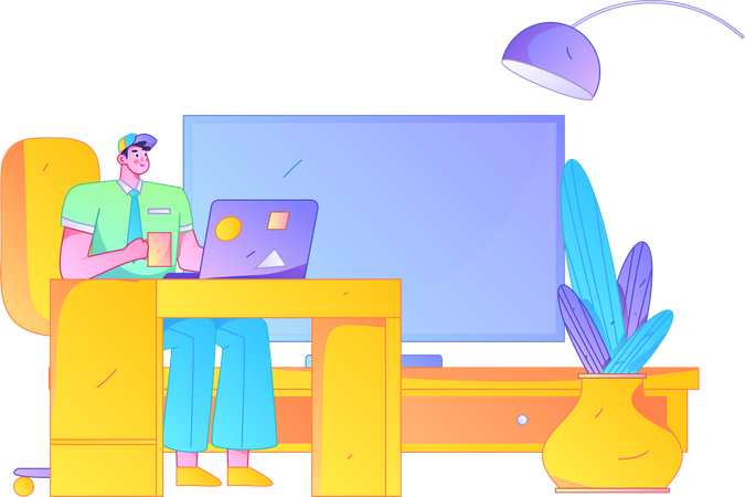 Man doing work on laptop at home  Illustration