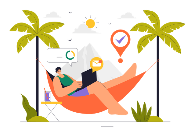 Man doing work on vacation  Illustration