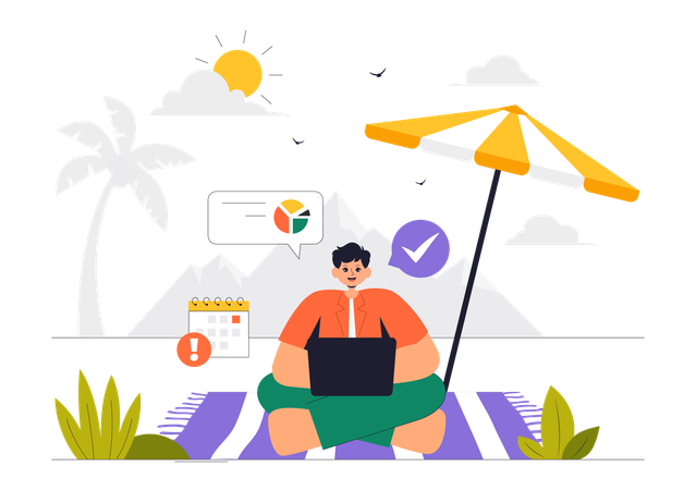 Man doing work on vacation  Illustration