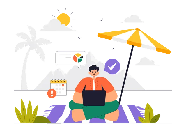 Man doing work on vacation  Illustration